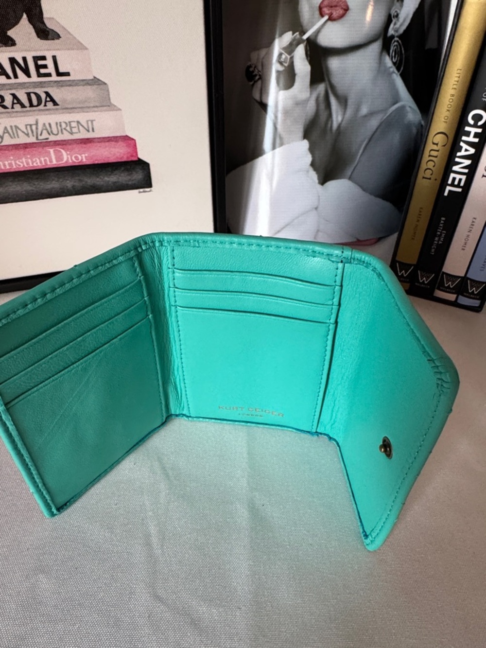 Kurt Geiger Quilted Turquoise Leather Wallet with Decorative Gold Clasp - Picture 2 of 3